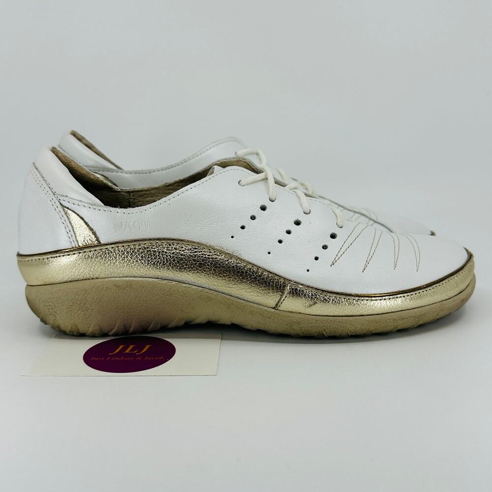 Naot Women's Kumara White/Gold Leather Lace Up Comfort Shoes Size 39 EU/ 8 US